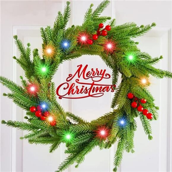 Colorful Christmas Front Door Wreath, 80 LED Lighted Christmas Decorations - Picture 1 of 6